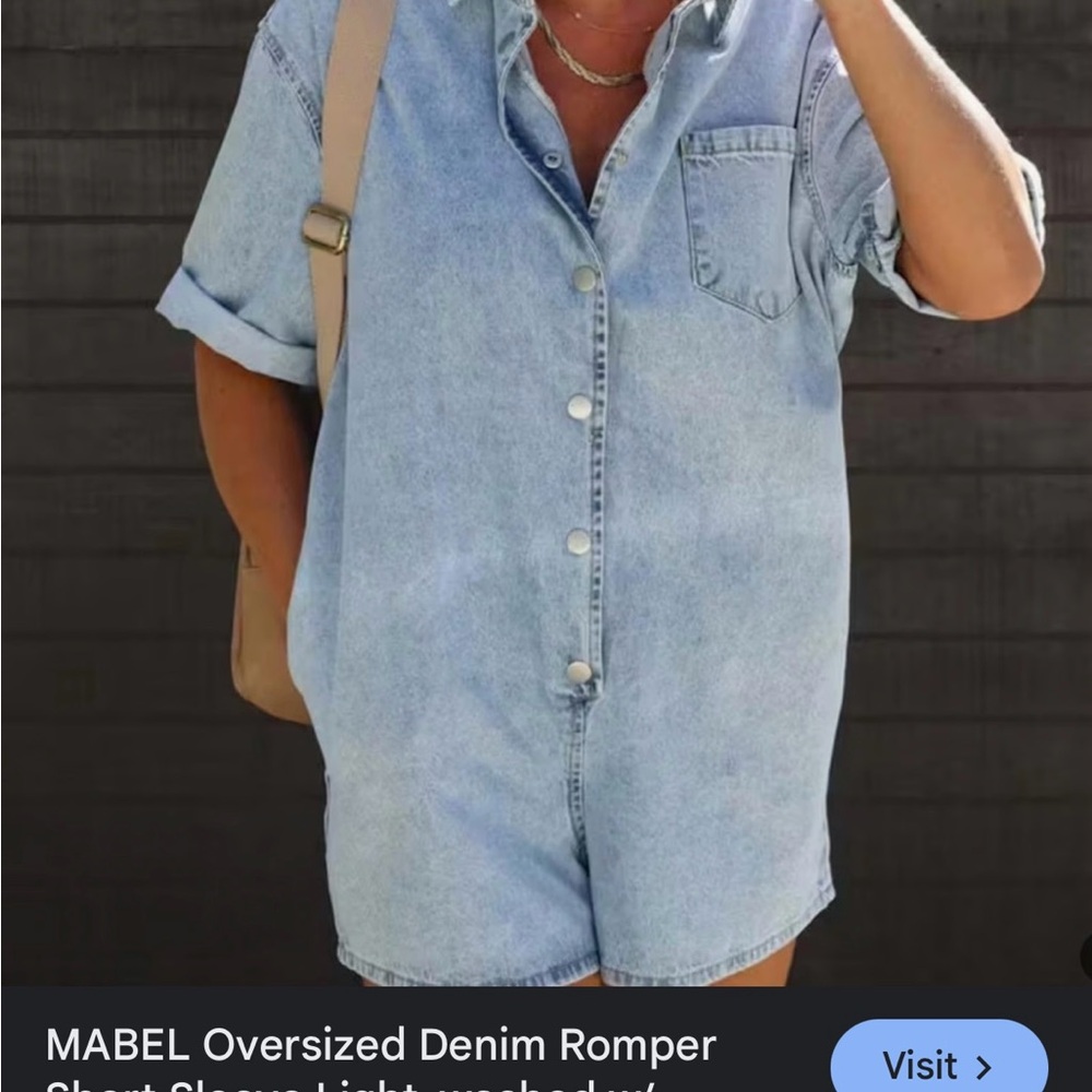 Mabel‎ oversized Light Blue Denim Romper Shorts/Short Sleeve Snap Front -Pockets